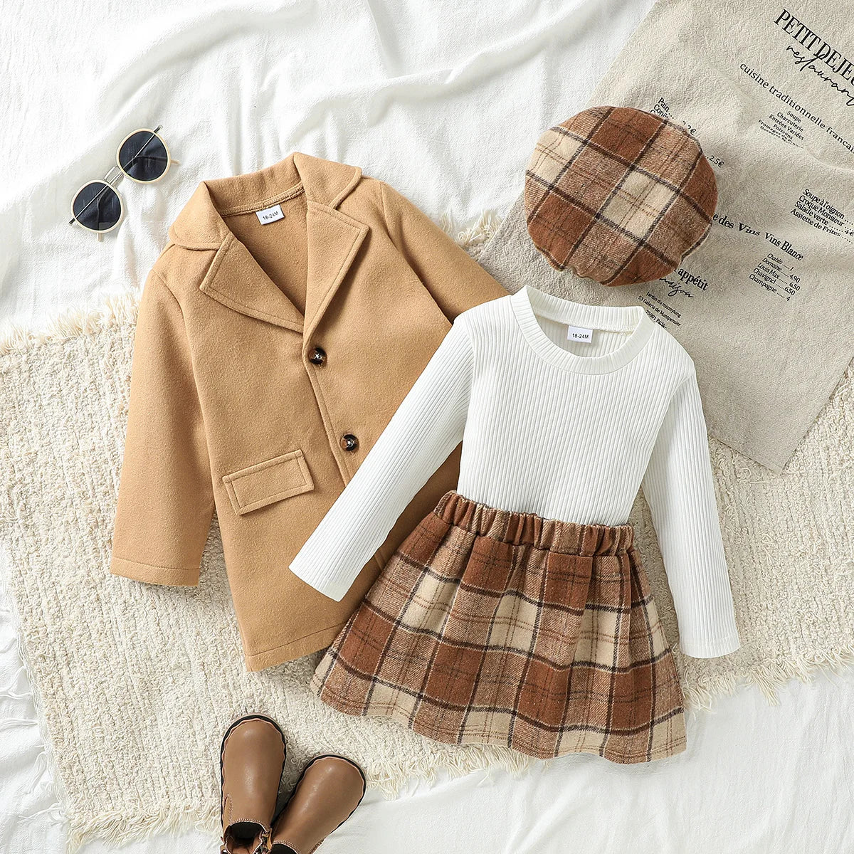 Girls' Four-Piece Autumn Outfit with Plaid Skirt