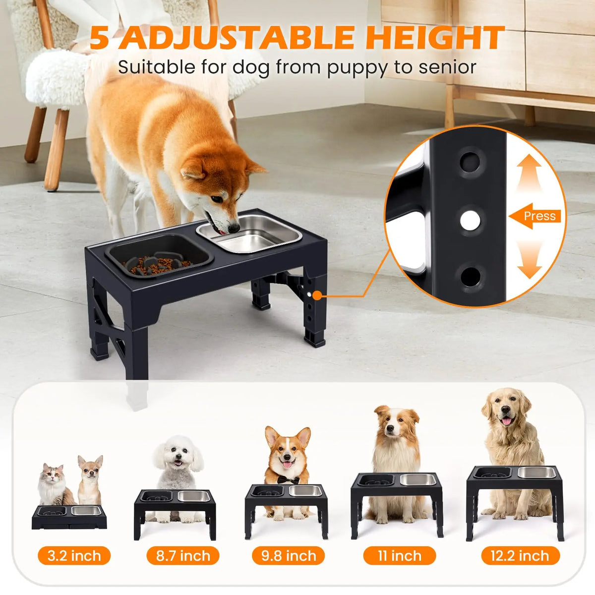 Adjustable Elevated Slow Feeder & Water Bowl Stand