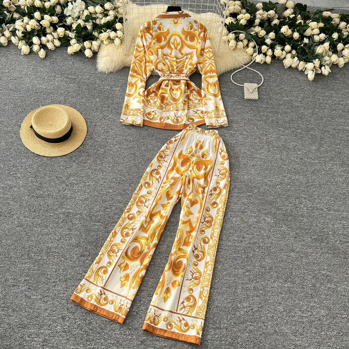 Printed Collar Top & Wide-Leg Pants Set
