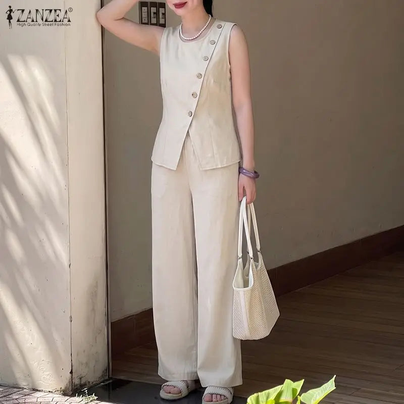 ZANZEA Sleeveless Button Blouse & Pants Set