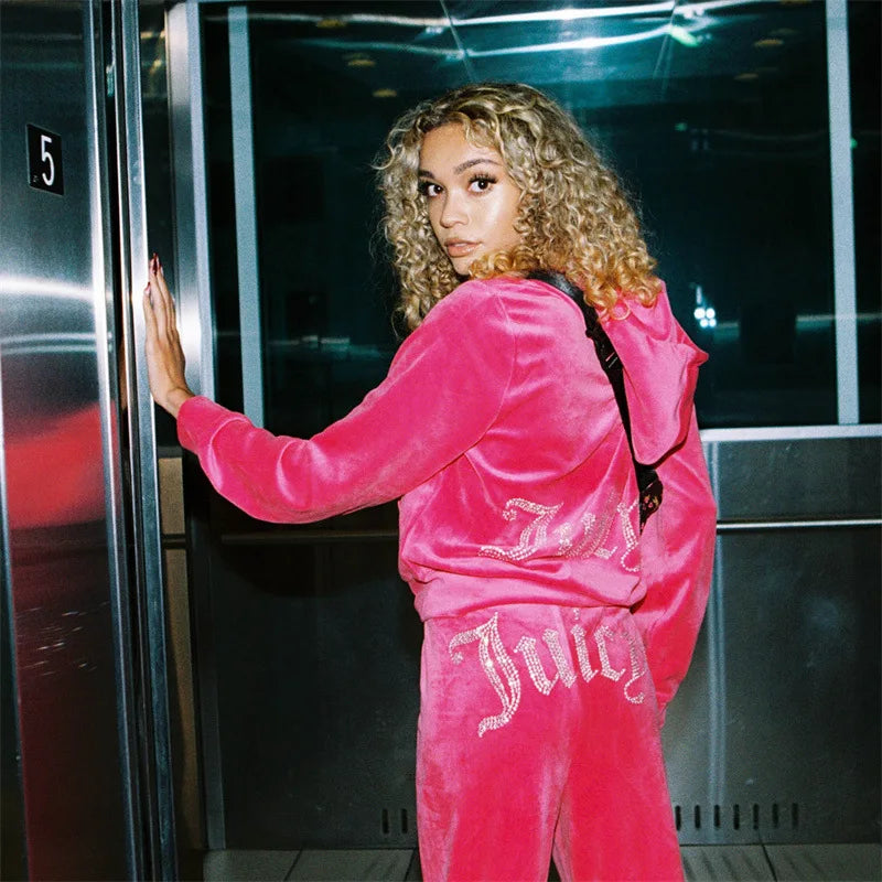 Women's Velvet-Look Embellished Hoodie and Pants Set