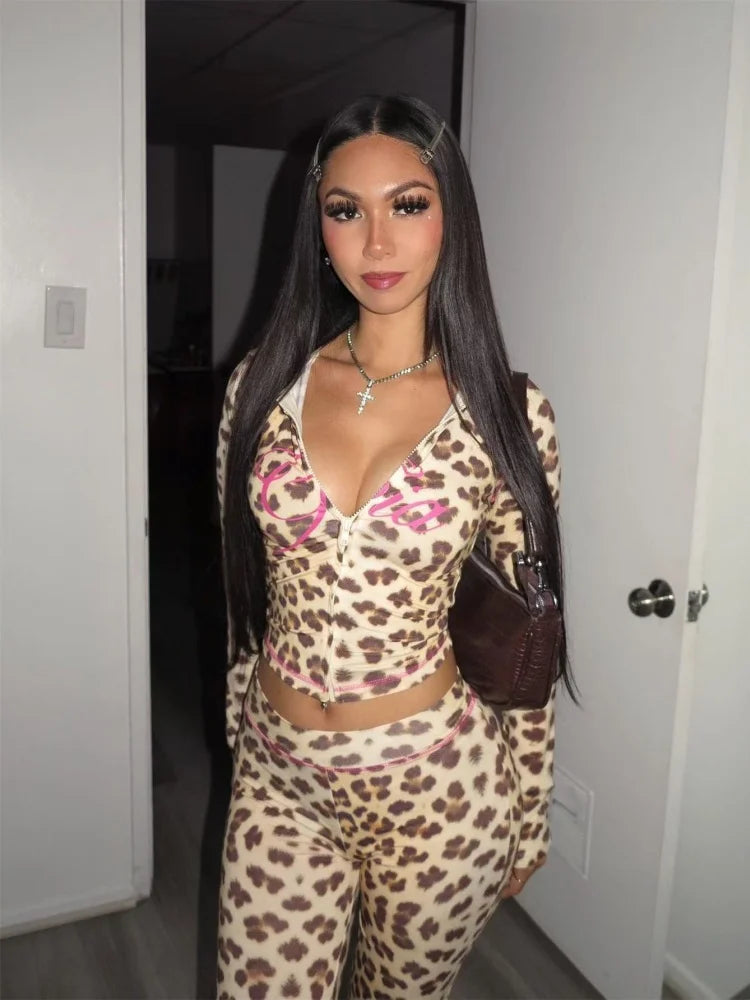 Leopard Zip-Up Hooded Top & Pants Set