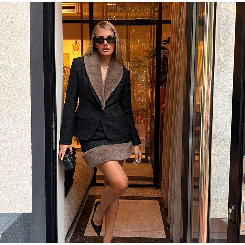 Women's Faux-Fur-Trim Blazer and Mini Skirt Set
