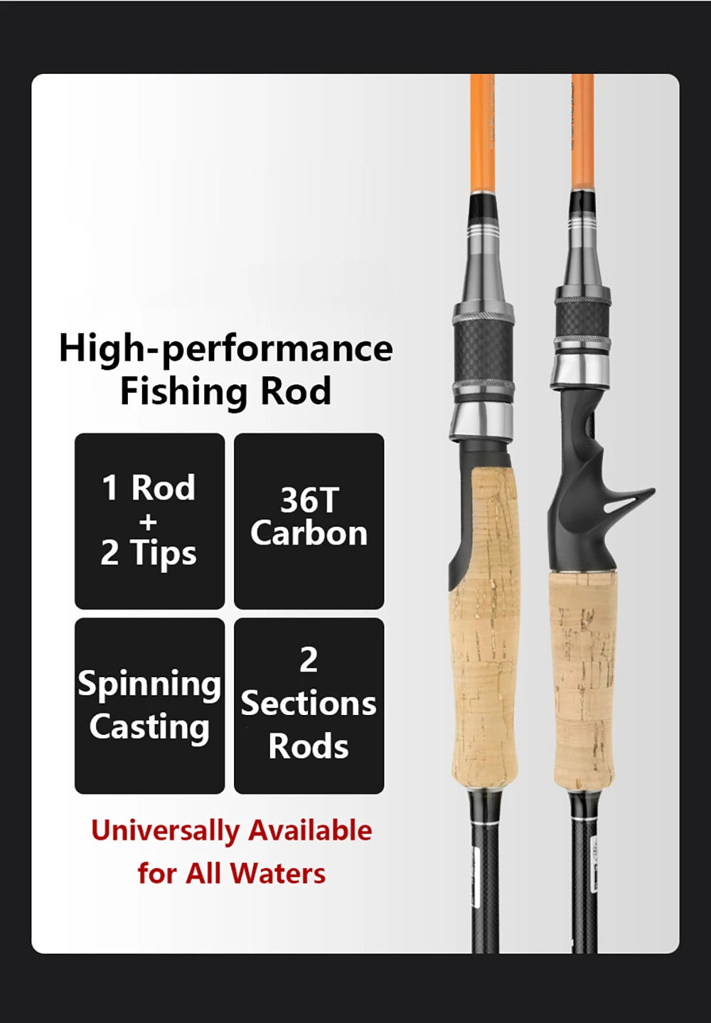 Carbon Fishing Rod with Two Tips — 1.8, 2.1 or 2.4 m