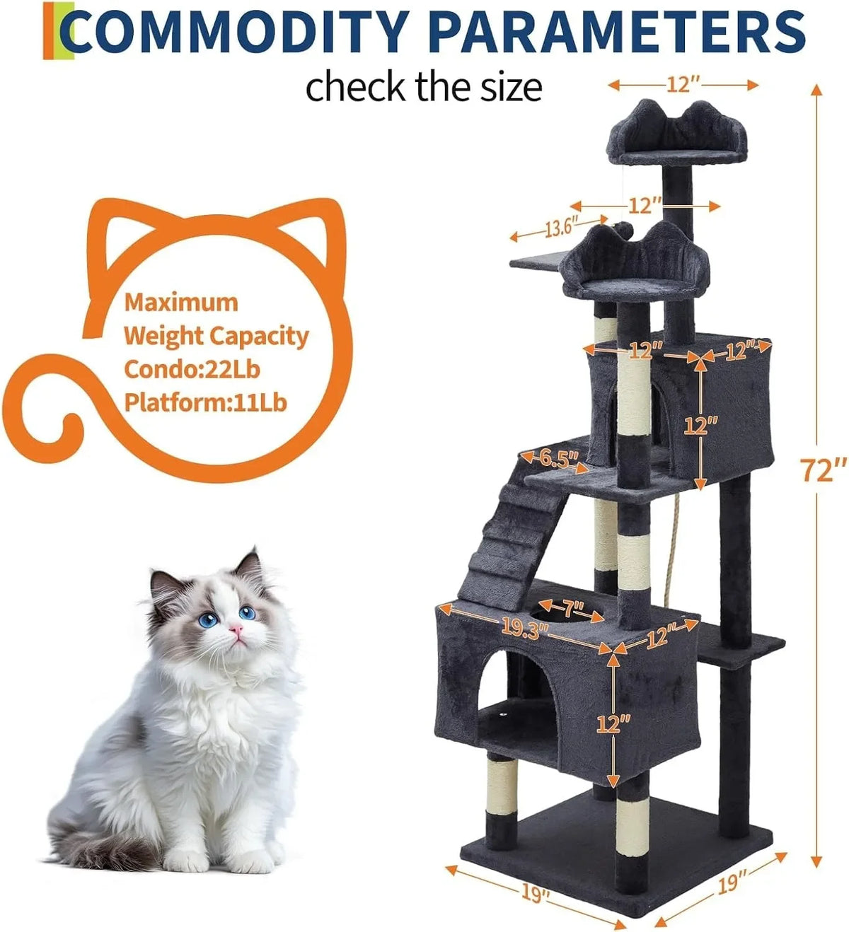 72" Cat Tree with Hammock, Perches & Scratching Posts