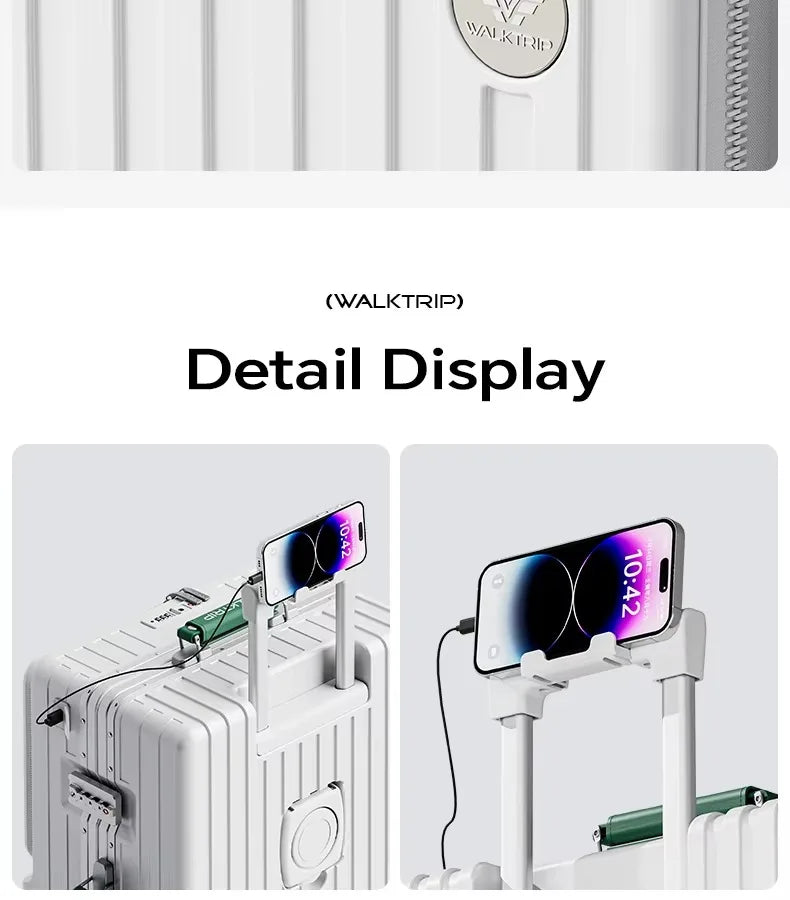 Front Opening Suitcase PC Material with Aluminum Frame TSA Lock Cup Holder Charging Port Colorful Wheels Travel Rolling Luggage Whispering Desires Shoppe