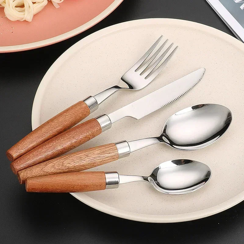 Wood-Handle Stainless Steel Flatware — 4 Pieces