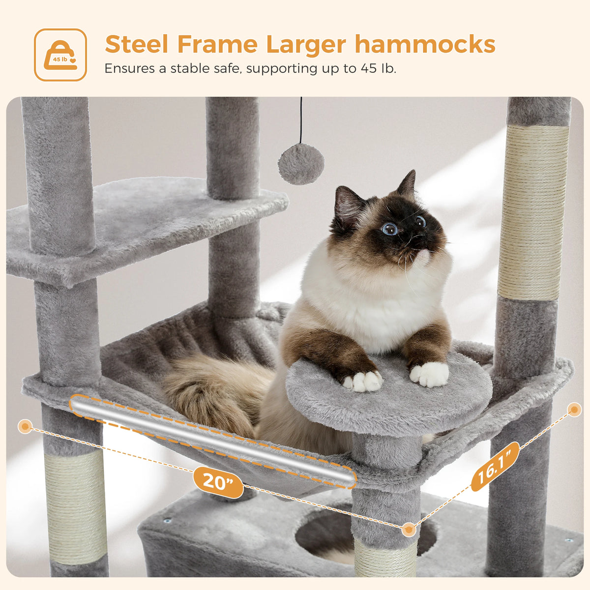 184cm Cat Tree with Hammock, Condo & Scratching Posts