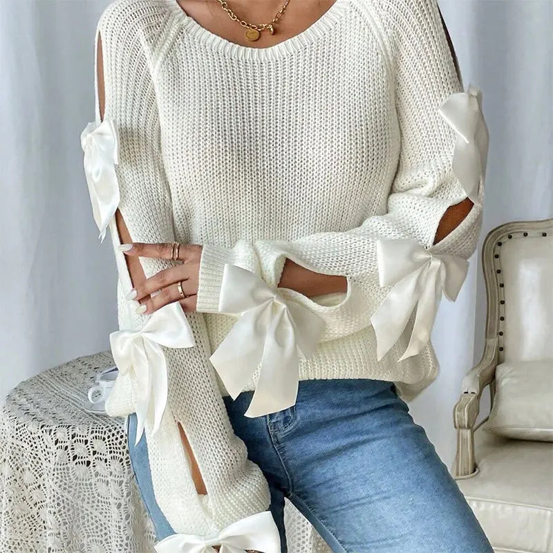 Bow-Detail Cutout Round-Neck Sweater