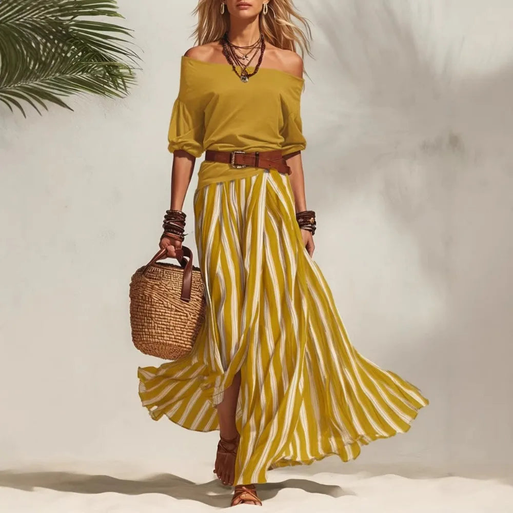 Off-Shoulder Puff-Sleeve Top & Maxi Skirt Set