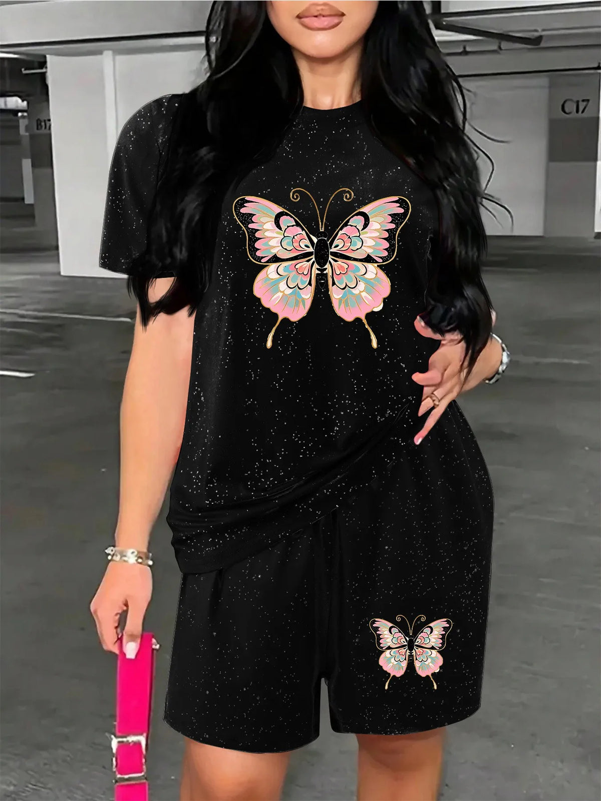 Women's Printed Short-Sleeve Top and Shorts Set