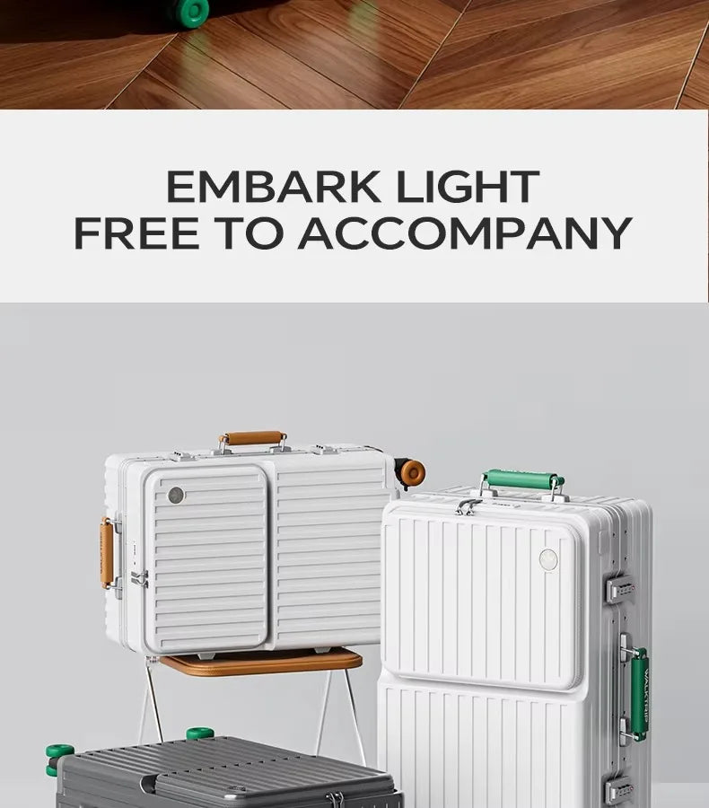 Front Opening Suitcase PC Material with Aluminum Frame TSA Lock Cup Holder Charging Port Colorful Wheels Travel Rolling Luggage Whispering Desires Shoppe