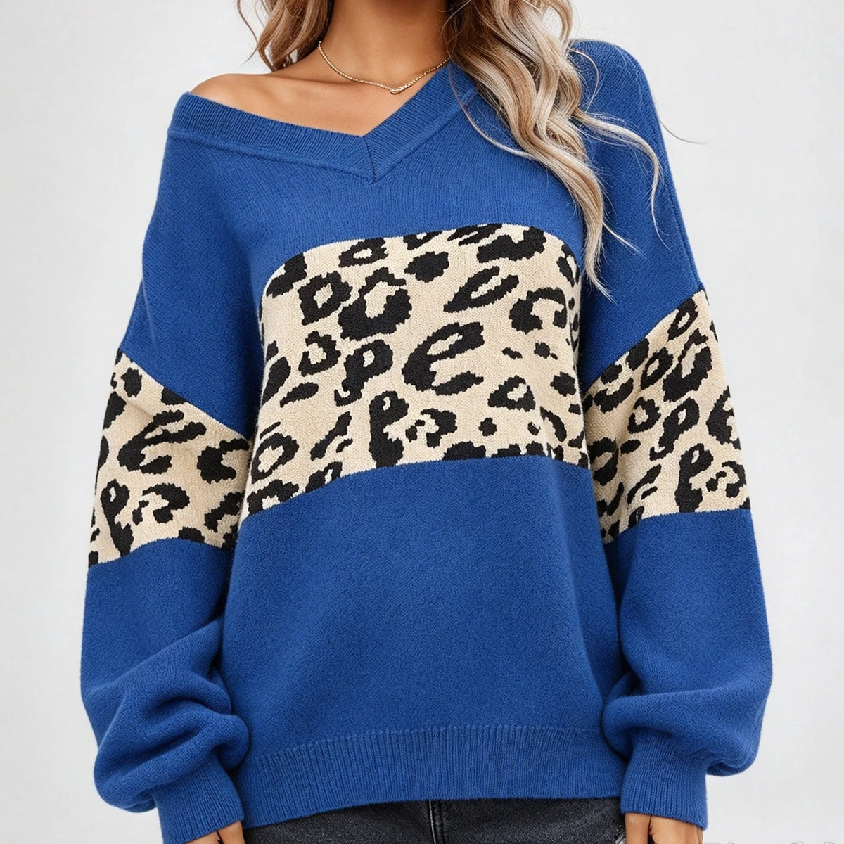 Leopard Colorblock V-Neck Oversized Sweater