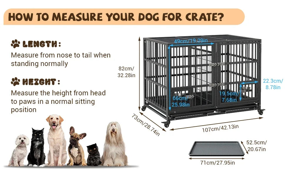 42" Metal Dog Crate with Wheels & Removable Tray