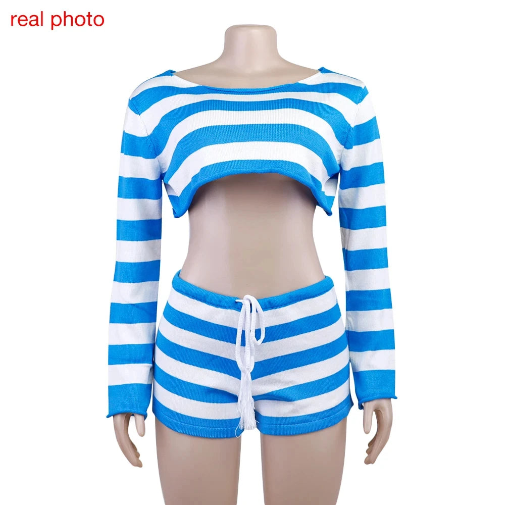 Women's Striped Off-Shoulder Top and Shorts Set
