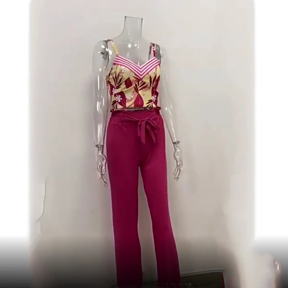 Women's Printed V-Neck Halter Top and Wide-Leg Pants Set