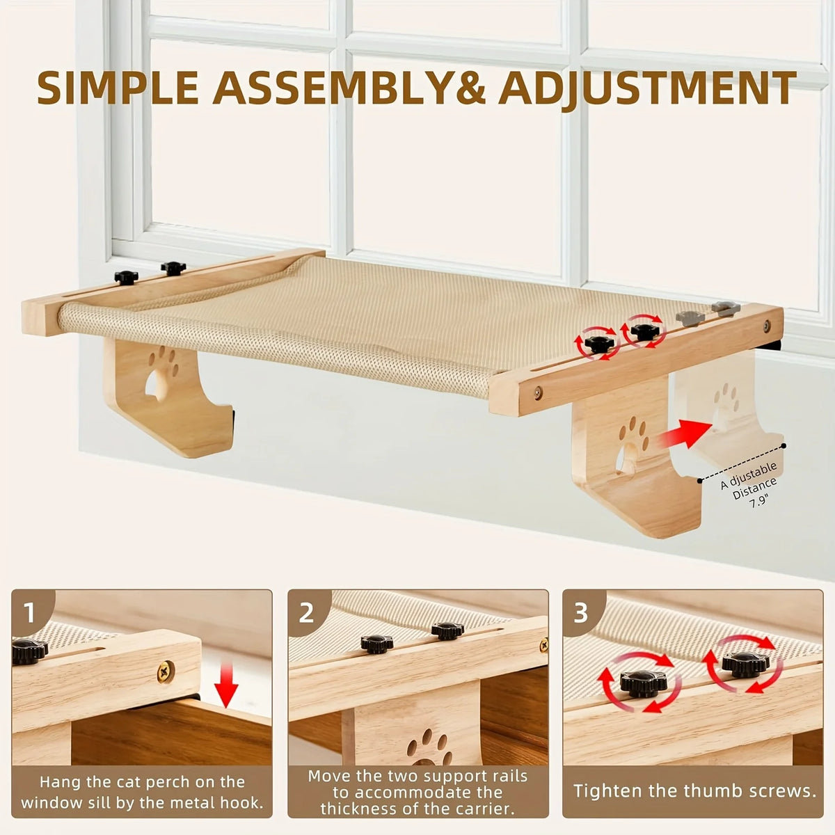 Adjustable Cat Window Perch with Wood & Metal Frame