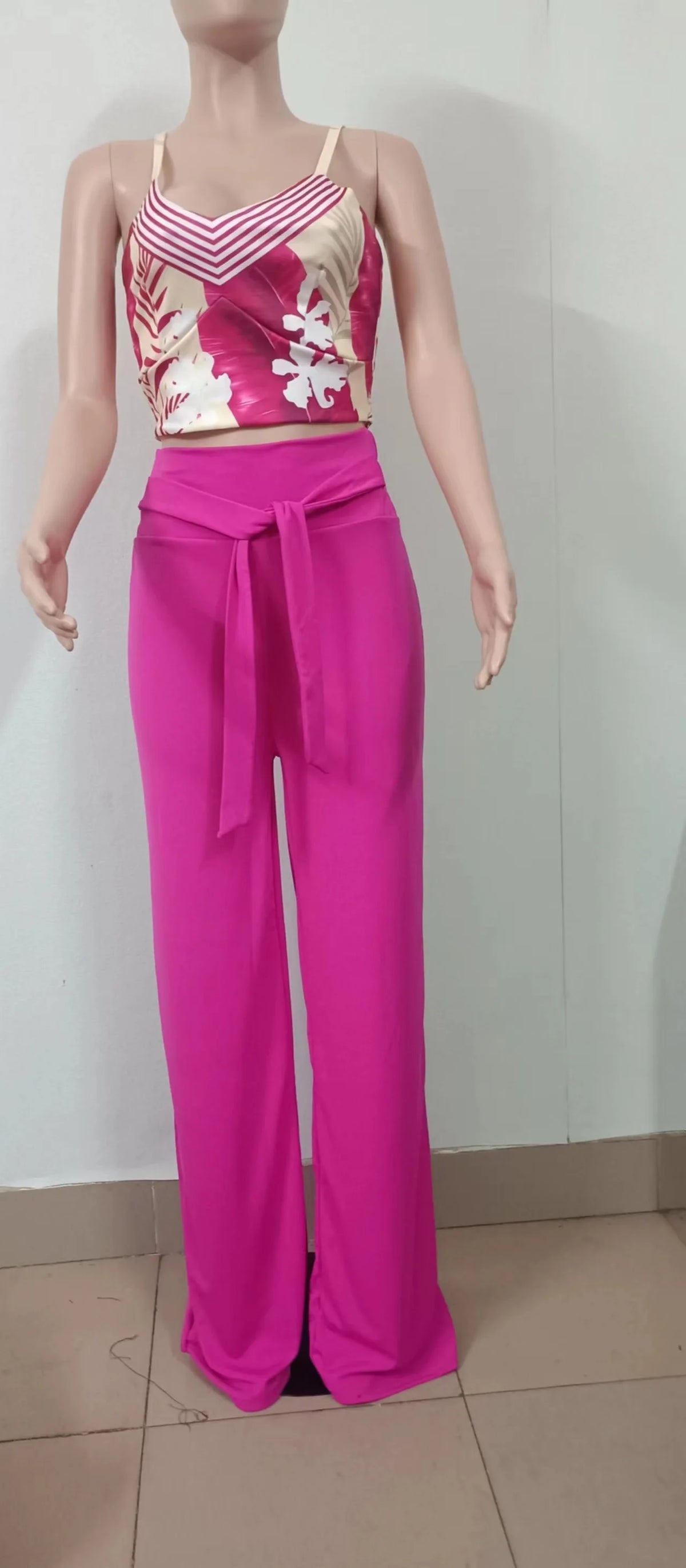 Women's Printed V-Neck Halter Top and Wide-Leg Pants Set