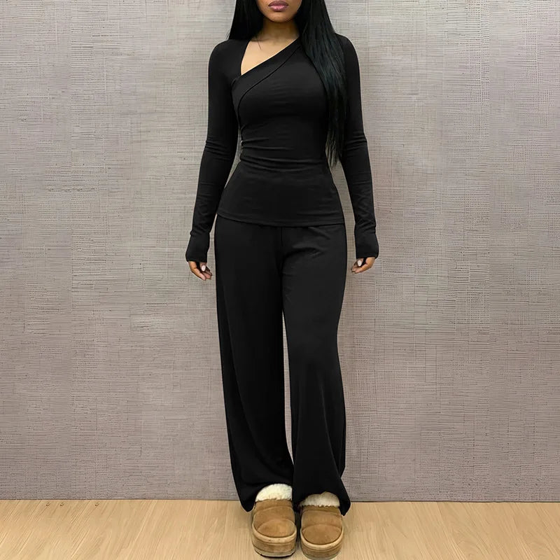 Women's Asymmetric Long-Sleeve Top and Flared Pants Set