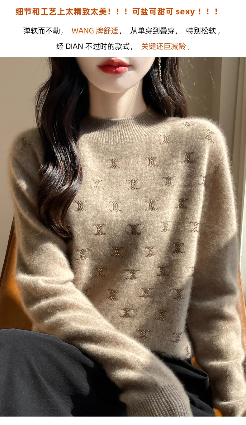 Women Fine Wool Thickening Sweater Half-high Collar Leaf studded With Diamonds Pullover Female Knitted Basis Tops Autumn Winter Dsers