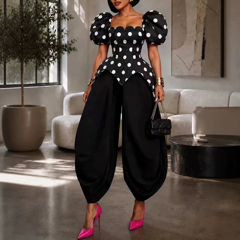 Polka-Dot Puff-Sleeve Top & Pants Set
