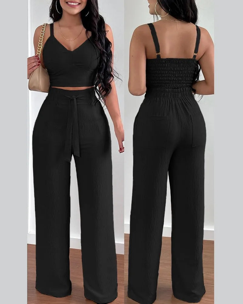 Women's Printed V-Neck Halter Top and Wide-Leg Pants Set