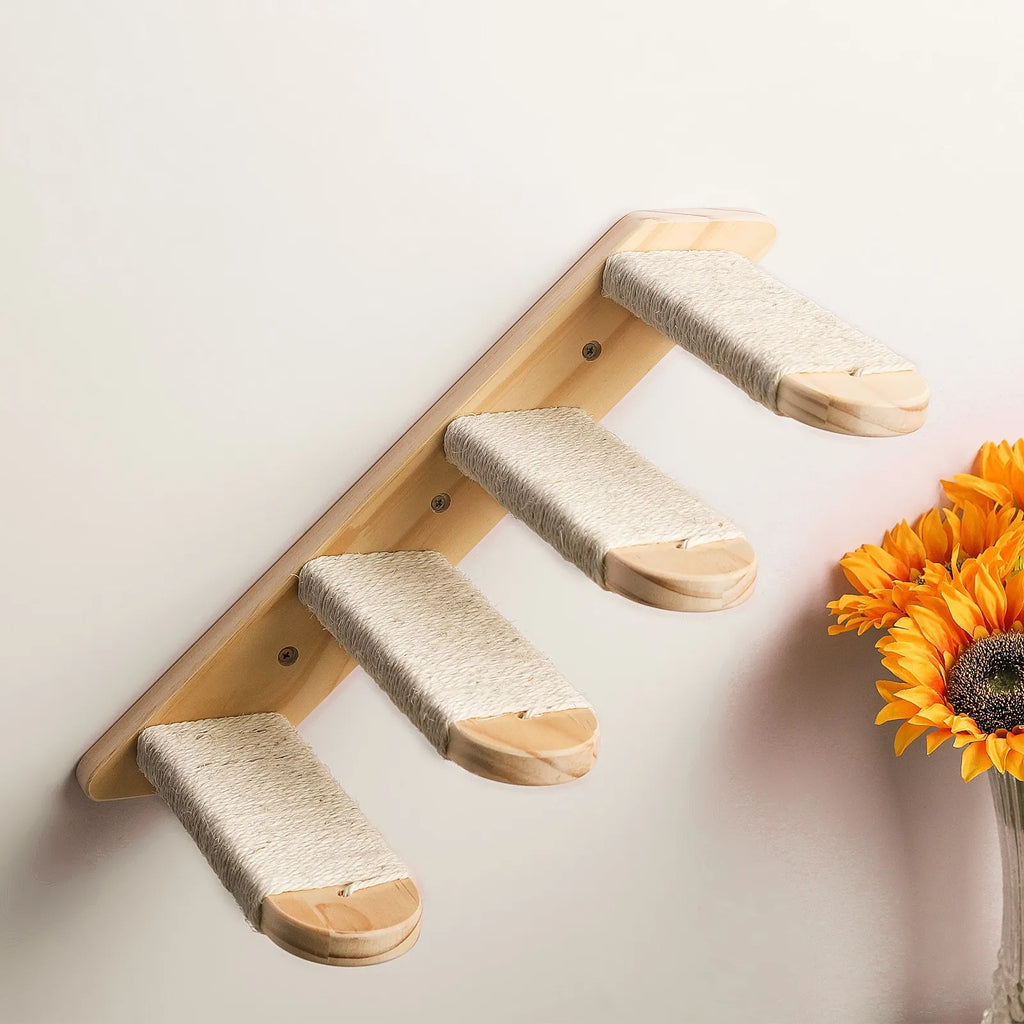 Wall-Mounted Wooden Cat Climbing Stairs
