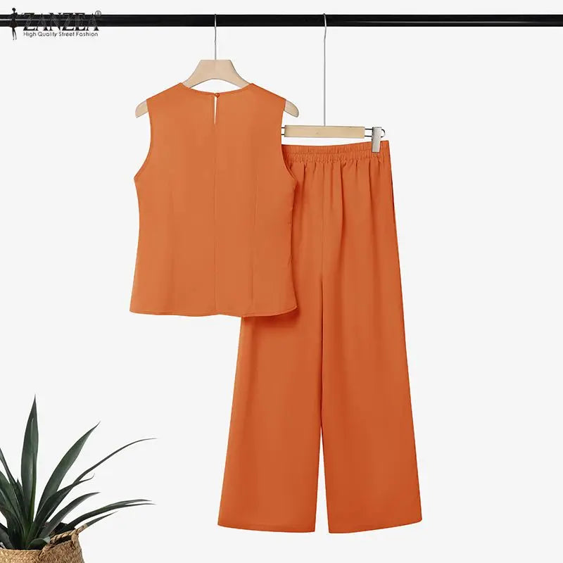 ZANZEA Sleeveless Button Blouse & Pants Set