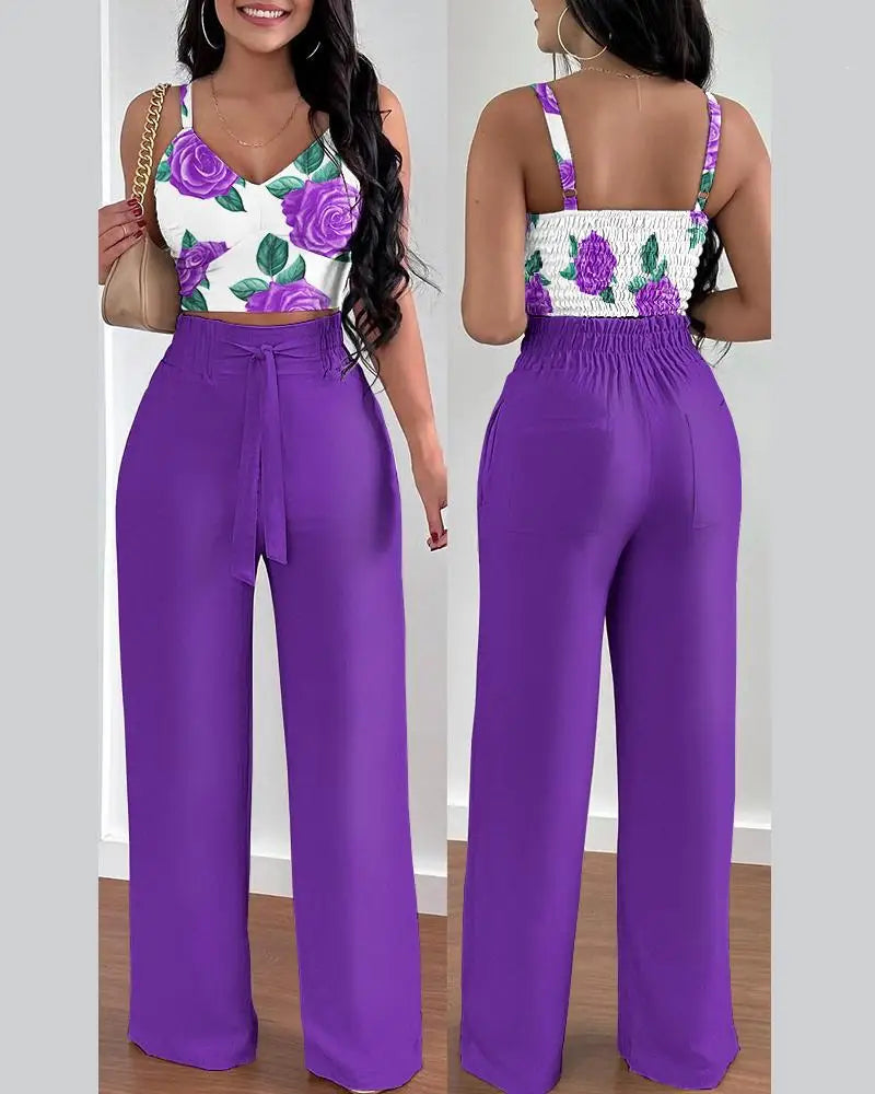 Women's Printed V-Neck Halter Top and Wide-Leg Pants Set