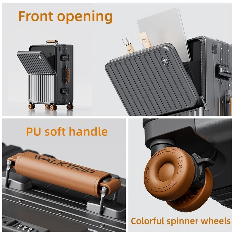 Front Opening Suitcase PC Material with Aluminum Frame TSA Lock Cup Holder Charging Port Colorful Wheels Travel Rolling Luggage Whispering Desires Shoppe