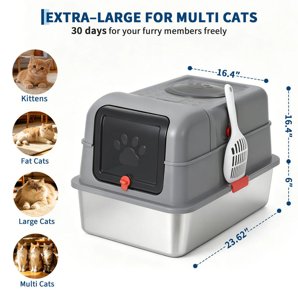 Enclosed Stainless Steel Cat Litter Box with Scoop