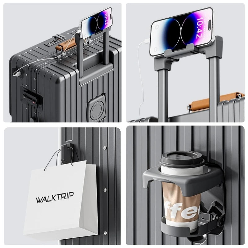 Front Opening Suitcase PC Material with Aluminum Frame TSA Lock Cup Holder Charging Port Colorful Wheels Travel Rolling Luggage Whispering Desires Shoppe
