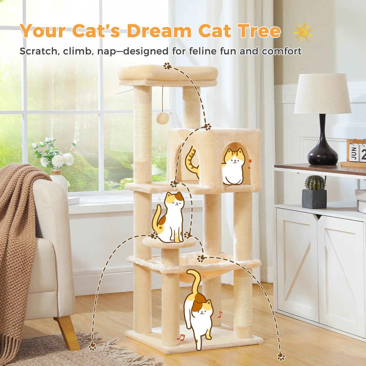 113cm Five-Level Cat Tree with Hammock & Condo