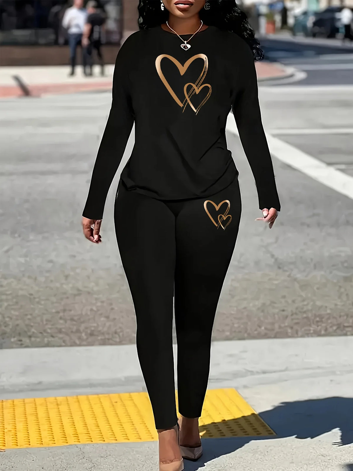 Women's Heart-Print Top and Pants Set