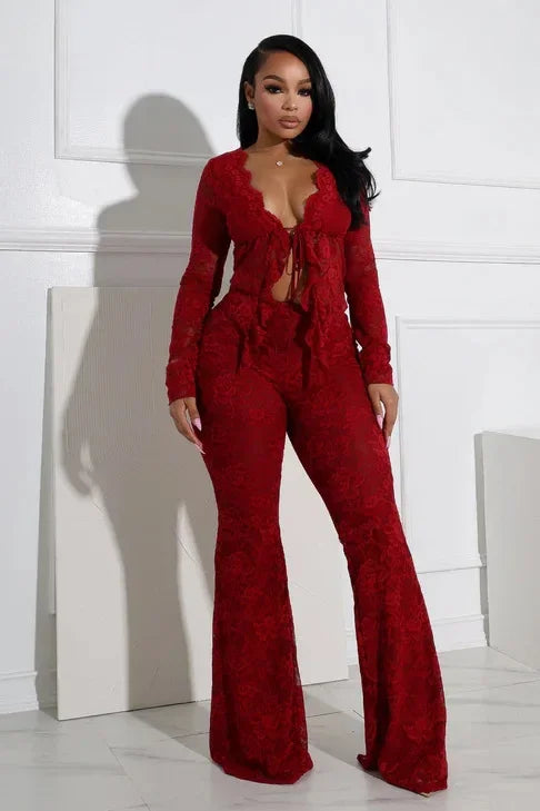 Sheer Lace Long-Sleeve Top & Flared Pants Set