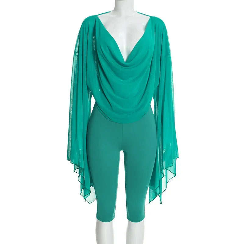 Women's Draped V-Neck Crop Top and Capri Set