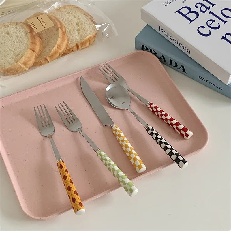 Checkerboard Ceramic-Handle Flatware — 3 Pieces