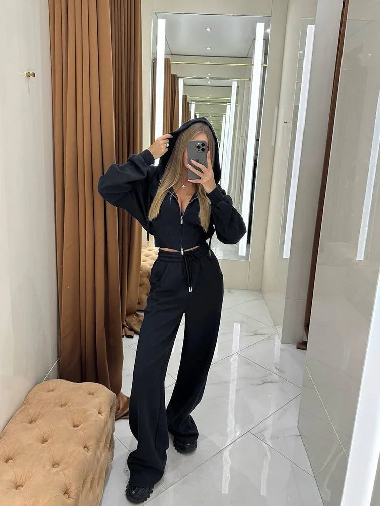 Women's Zip-Up Hooded Jacket and Wide-Leg Pants Set