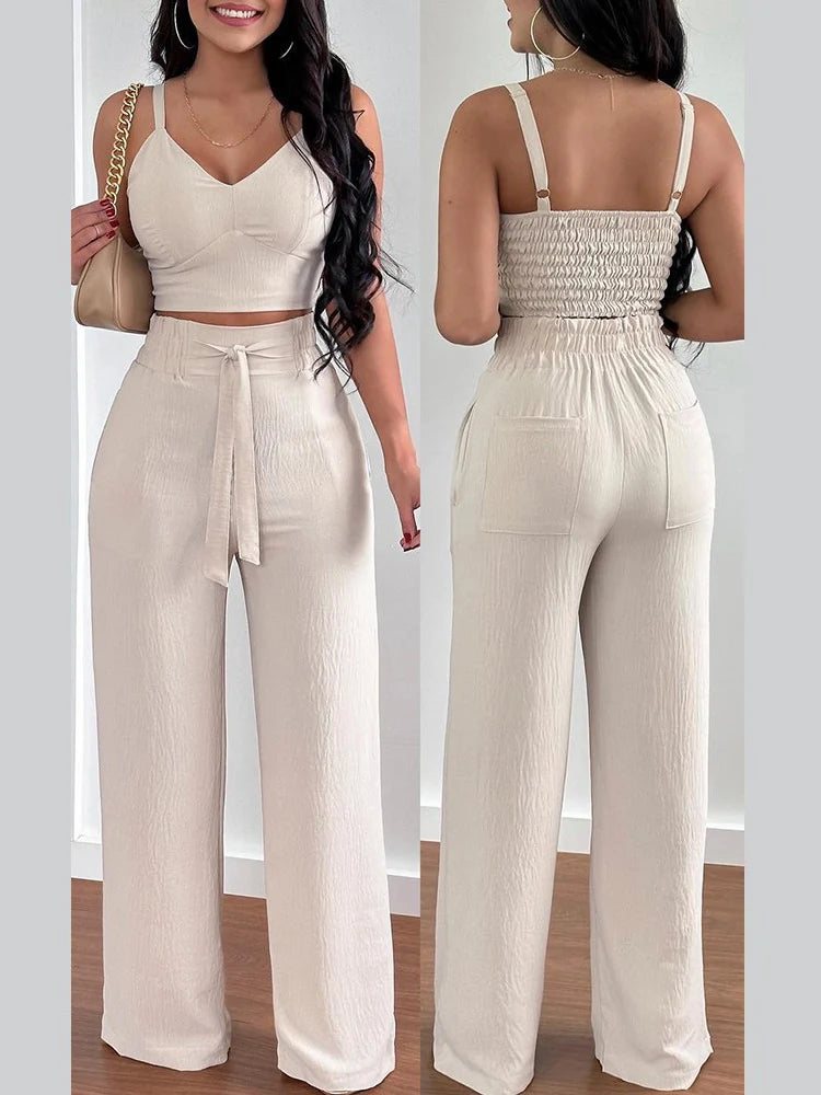 Women's Printed V-Neck Halter Top and Wide-Leg Pants Set