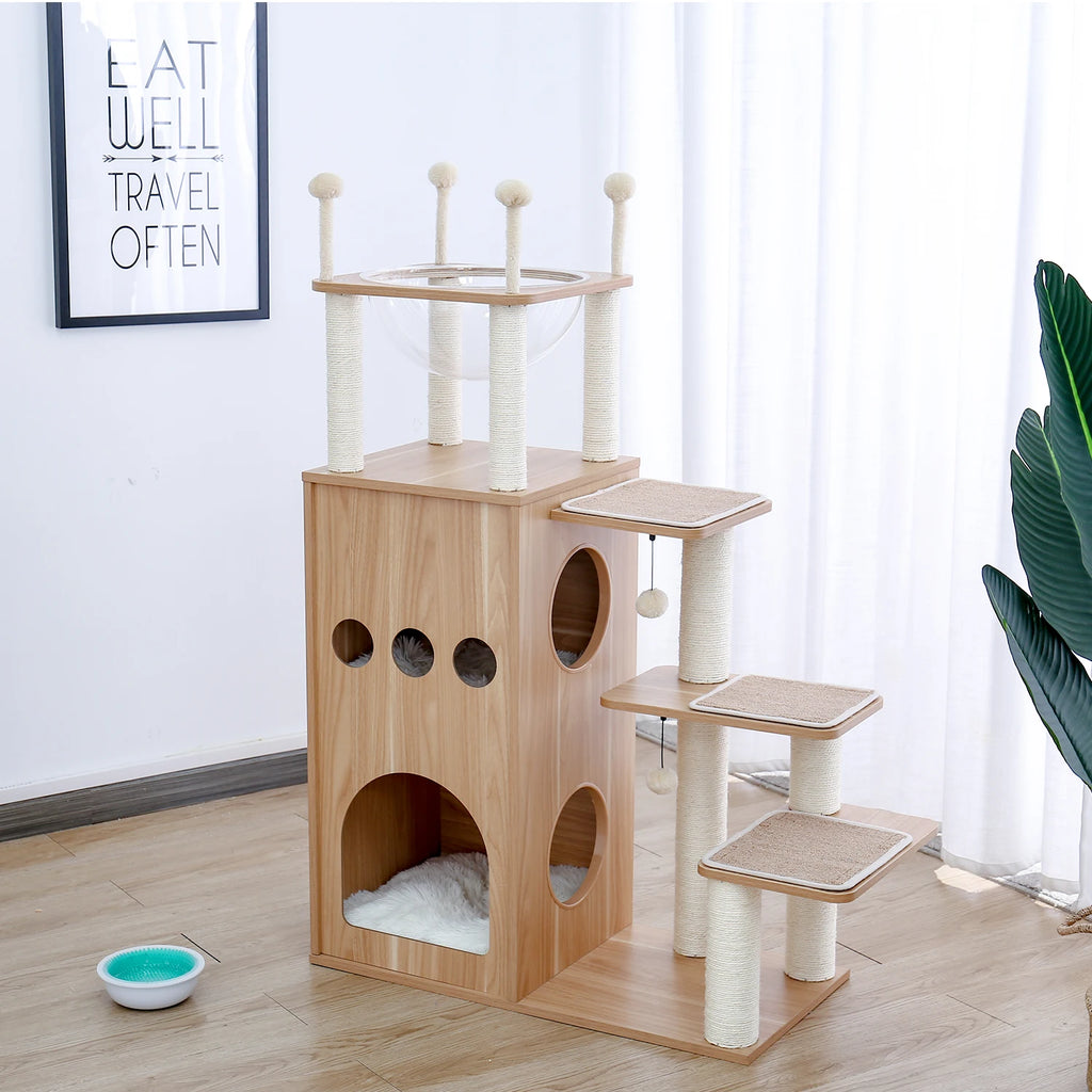 Multi-Level Wooden Cat Tree with Condo & Hammock