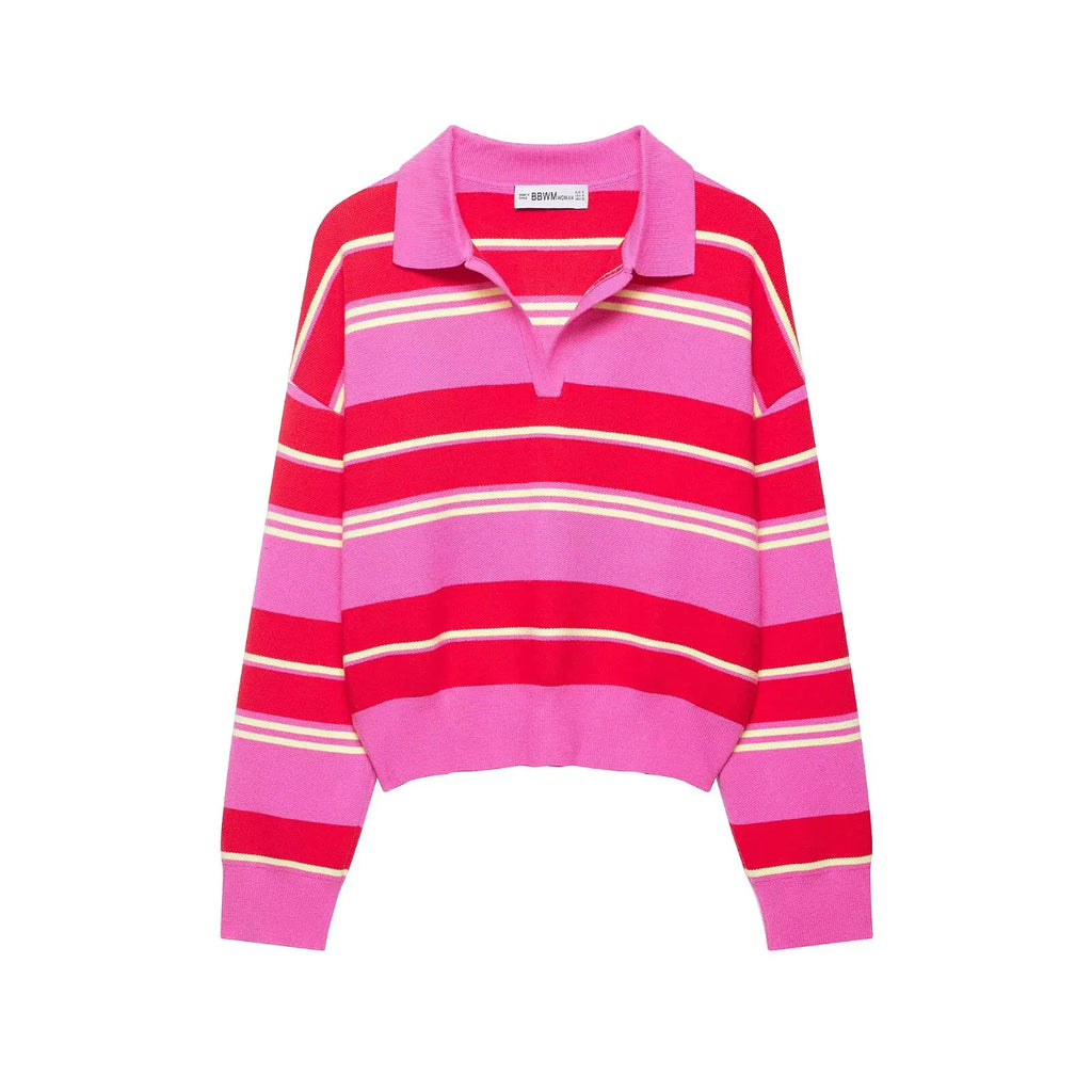 Striped Polo-Collar Long-Sleeve Sweater