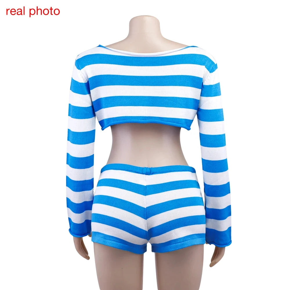 Women's Striped Off-Shoulder Top and Shorts Set