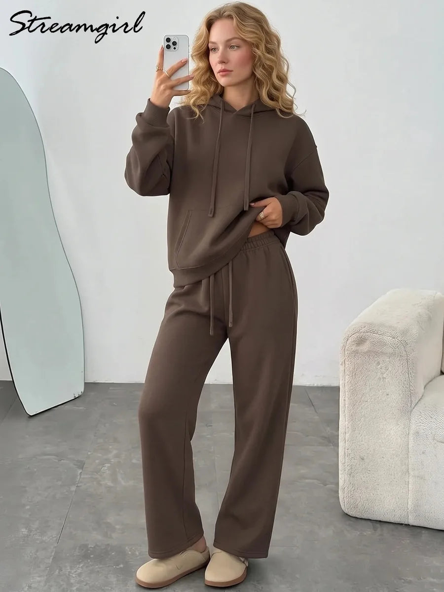 Women's Cotton-Blend Hoodie and Wide-Leg Pants Set