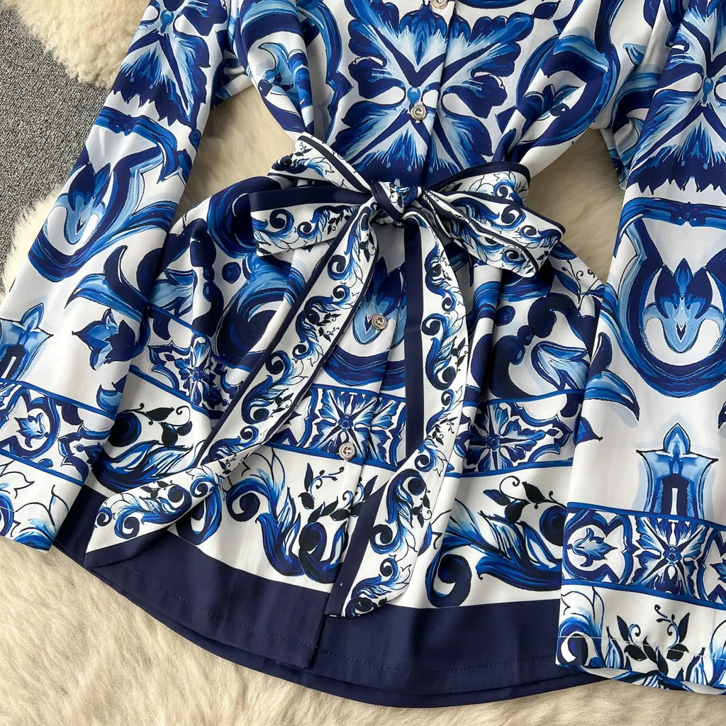 Printed Collar Top & Wide-Leg Pants Set