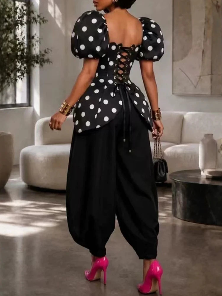 Polka-Dot Puff-Sleeve Top & Pants Set