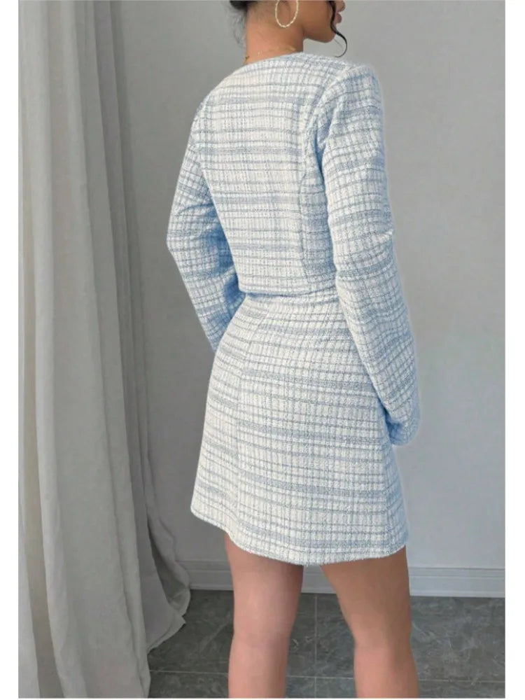 Women's Plaid Cropped Jacket and Corset-Style Dress Set