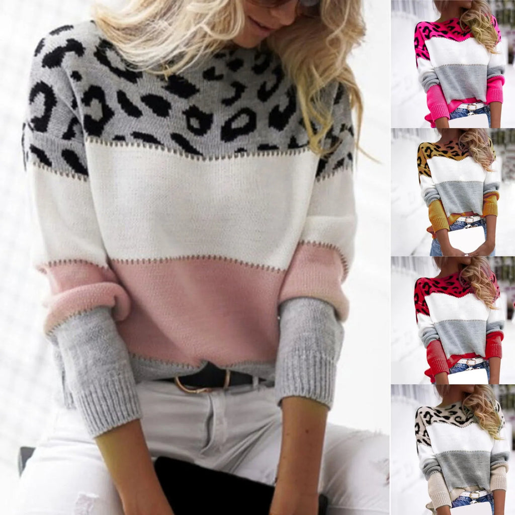 Women Sweaters Contrast Leopard Color Pullovers Loose Autumn Winter Long Sleeve Sweater Jumper Pull Femme Knitwear Oversized Dsers