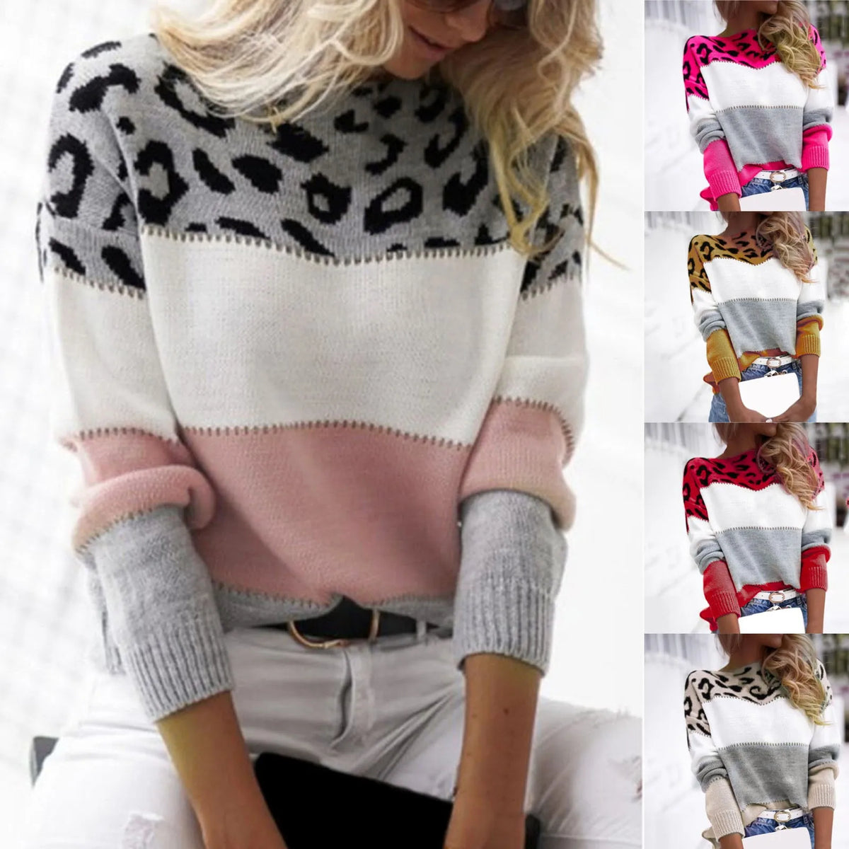 Women Sweaters Contrast Leopard Color Pullovers Loose Autumn Winter Long Sleeve Sweater Jumper Pull Femme Knitwear Oversized Dsers