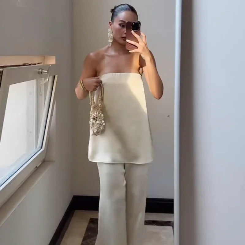 Women's Satin Tube Top and Wide-Leg Pants — Separates