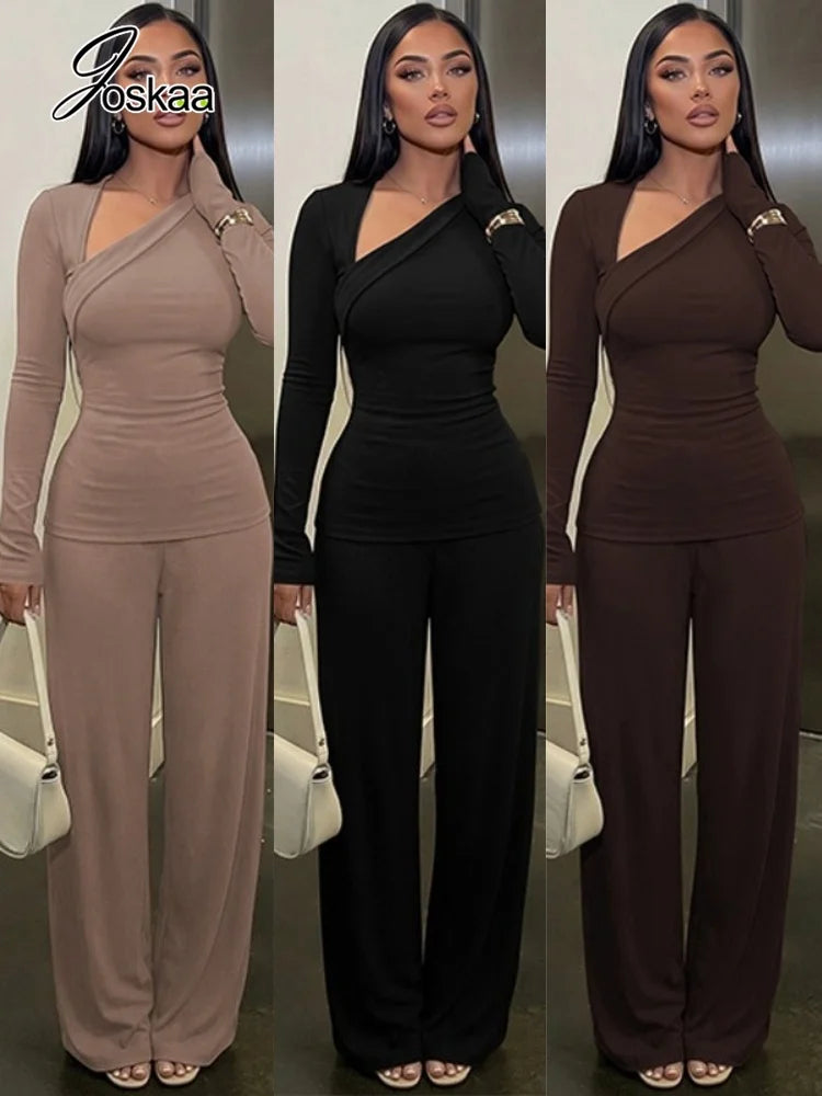 Women's Asymmetric Long-Sleeve Top and Flared Pants Set